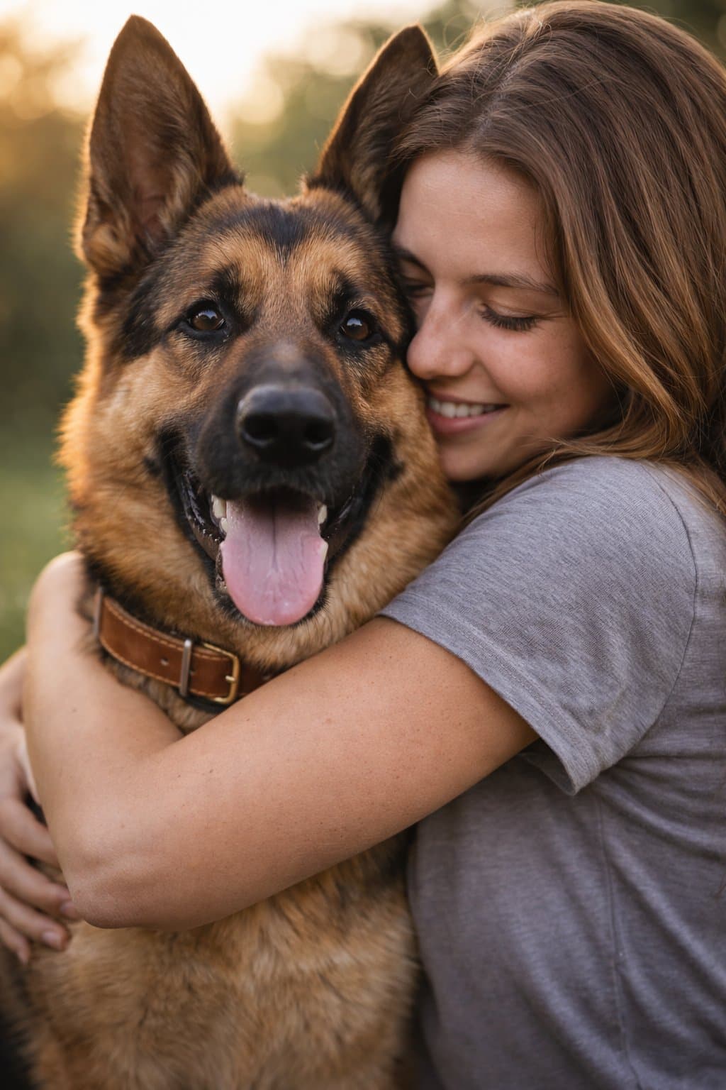 A woman hugging her smiling German Shepherd